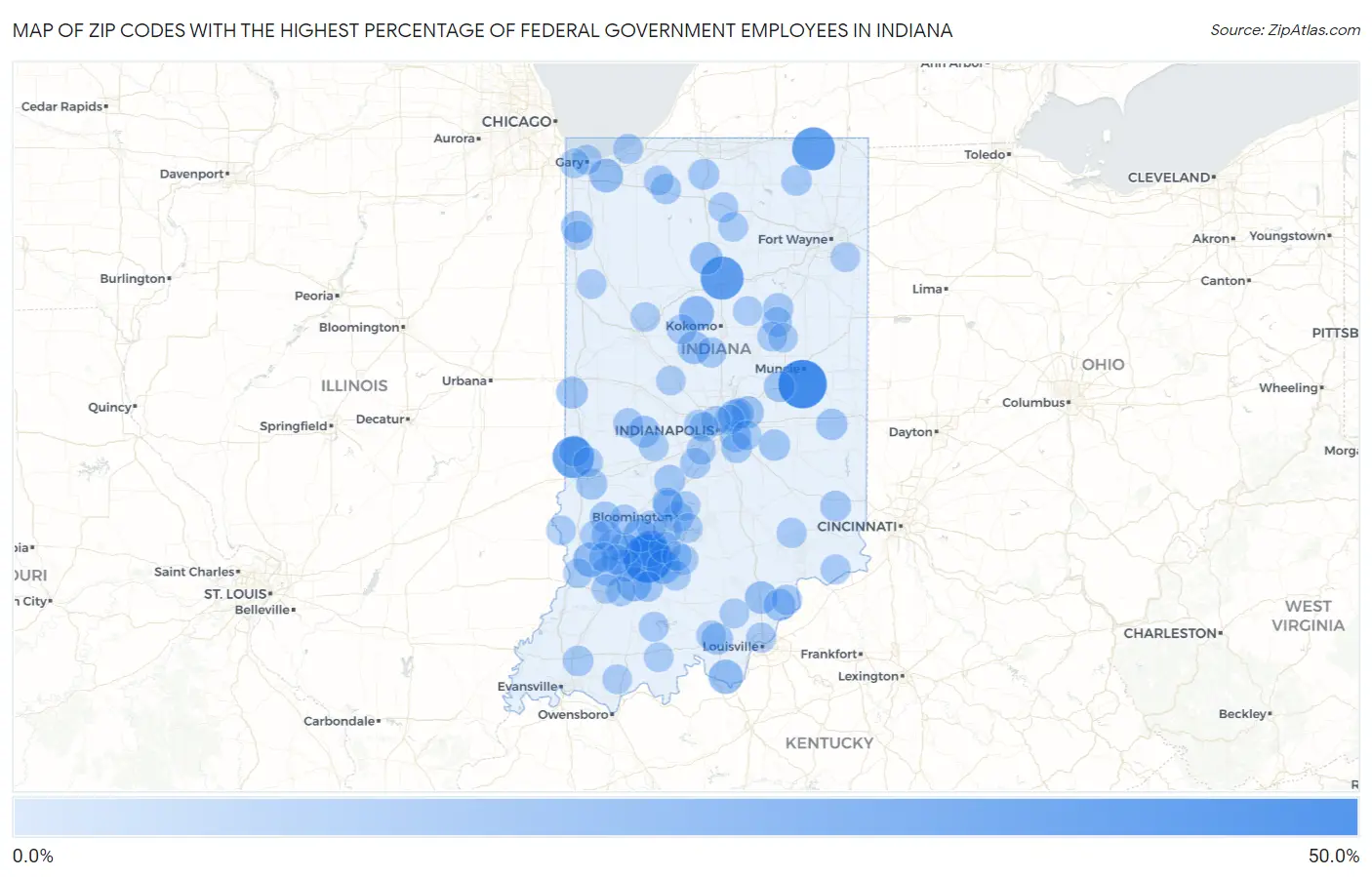 Zip Codes with the Highest Percentage of Federal Government Employees in Indiana Map