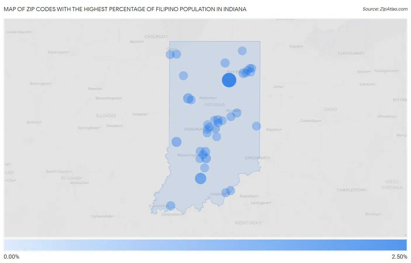 Zip Codes with the Highest Percentage of Filipino Population in Indiana Map