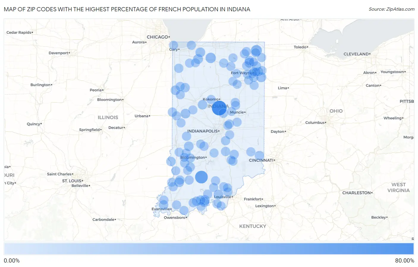 Zip Codes with the Highest Percentage of French Population in Indiana Map