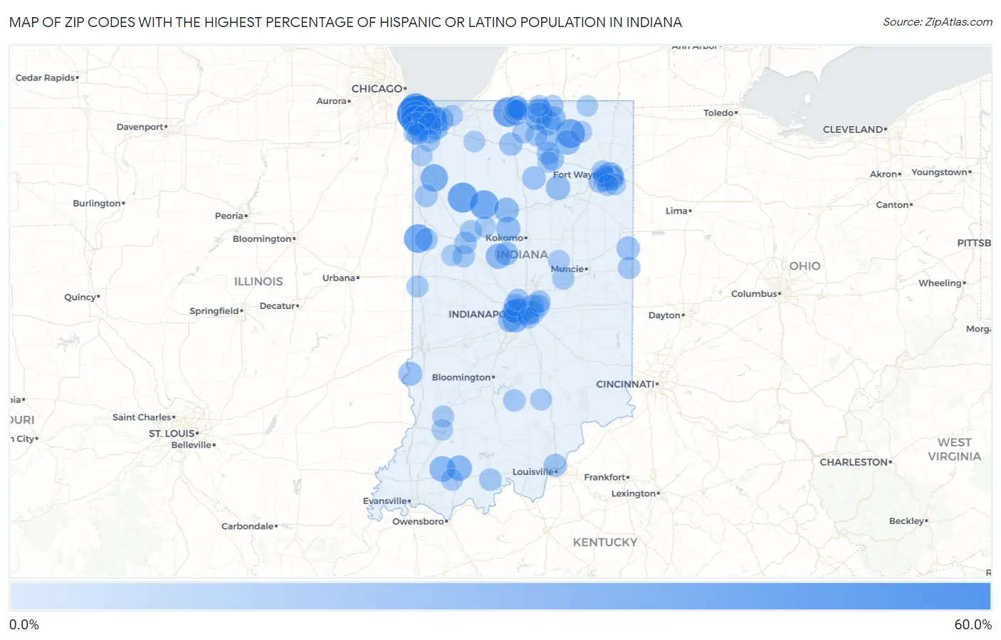 Zip Codes with the Highest Percentage of Hispanic or Latino Population in Indiana Map