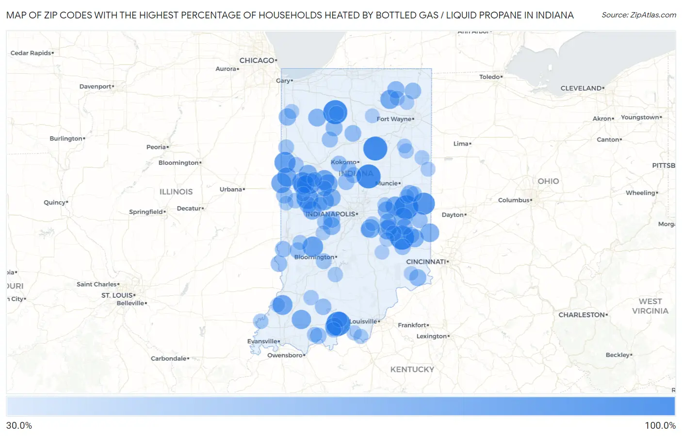 Zip Codes with the Highest Percentage of Households Heated by Bottled Gas / Liquid Propane in Indiana Map