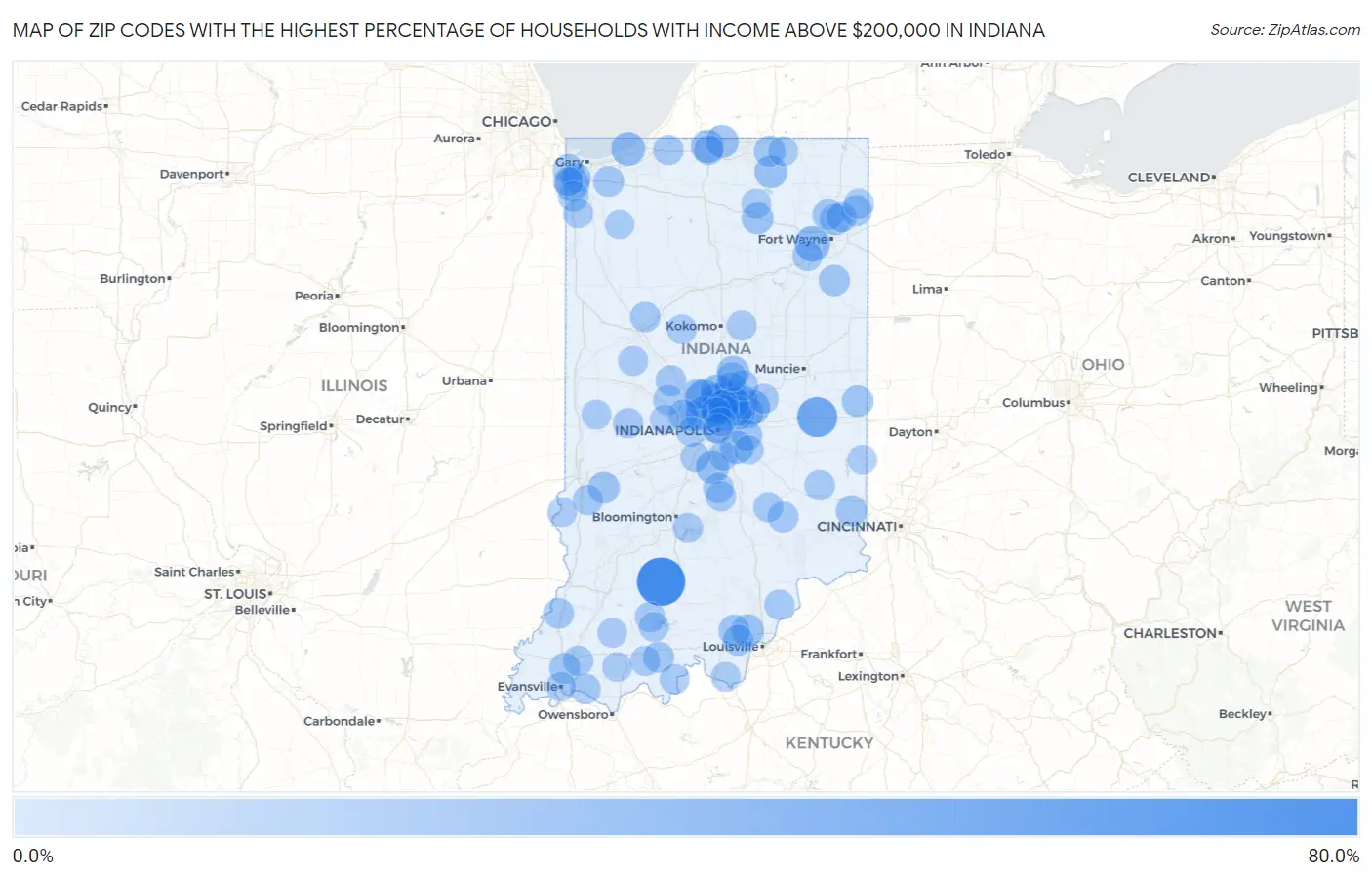 Zip Codes with the Highest Percentage of Households with Income Above $200,000 in Indiana Map