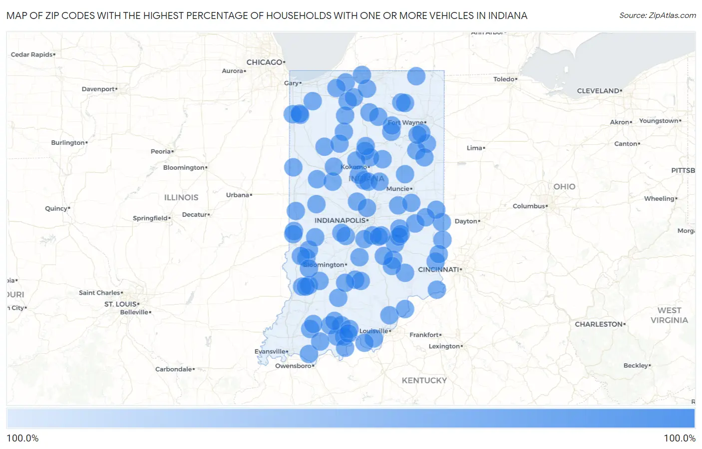 Zip Codes with the Highest Percentage of Households With One or more Vehicles in Indiana Map