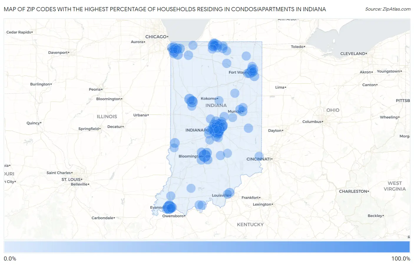 Zip Codes with the Highest Percentage of Households Residing in Condos/Apartments in Indiana Map