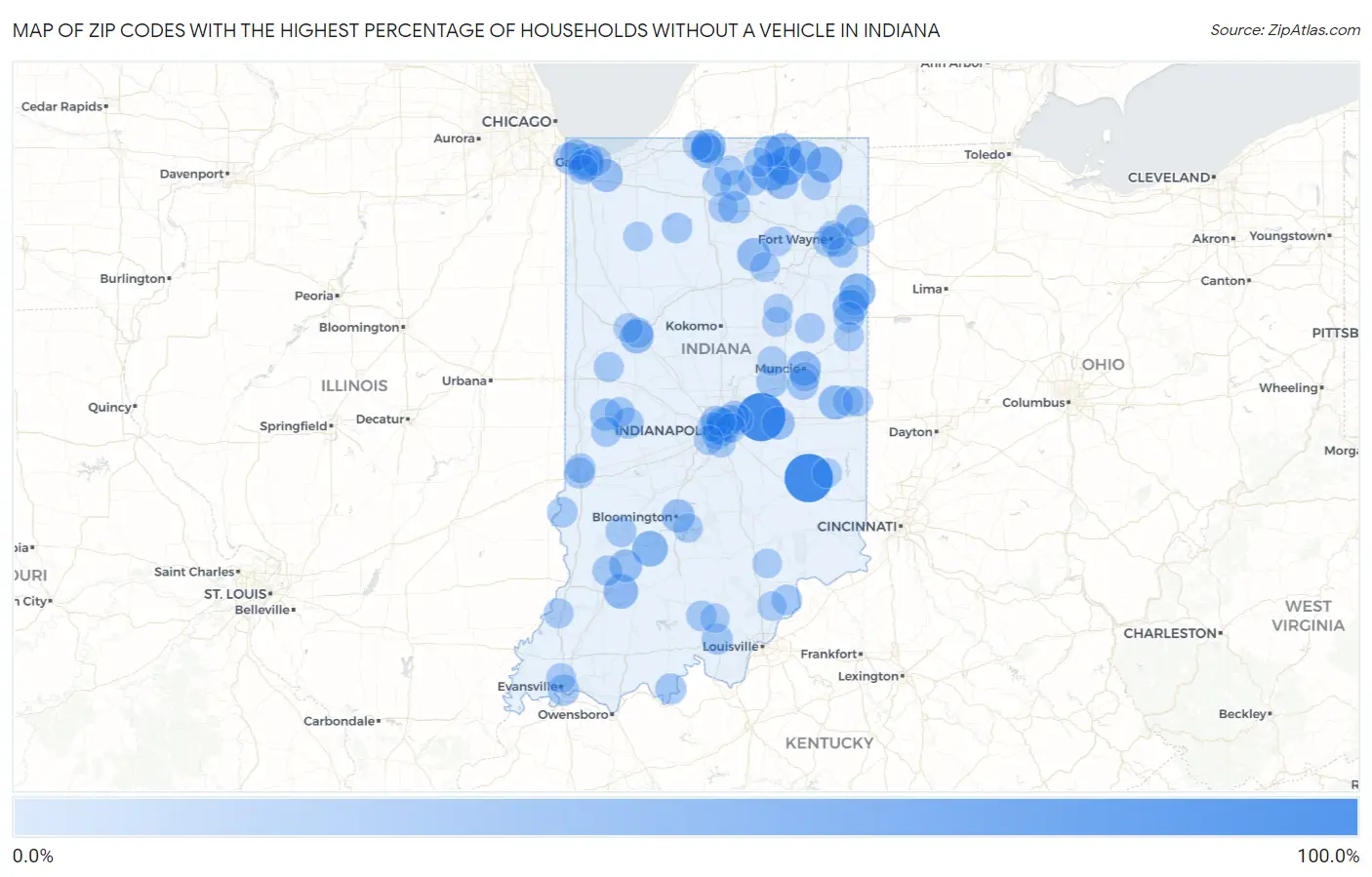 Zip Codes with the Highest Percentage of Households Without a Vehicle in Indiana Map