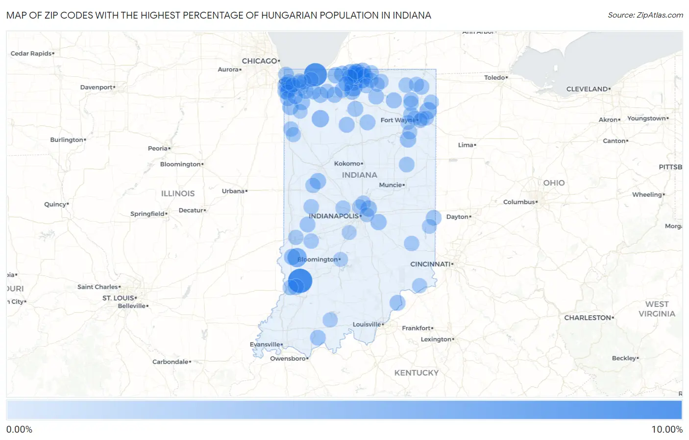 Zip Codes with the Highest Percentage of Hungarian Population in Indiana Map