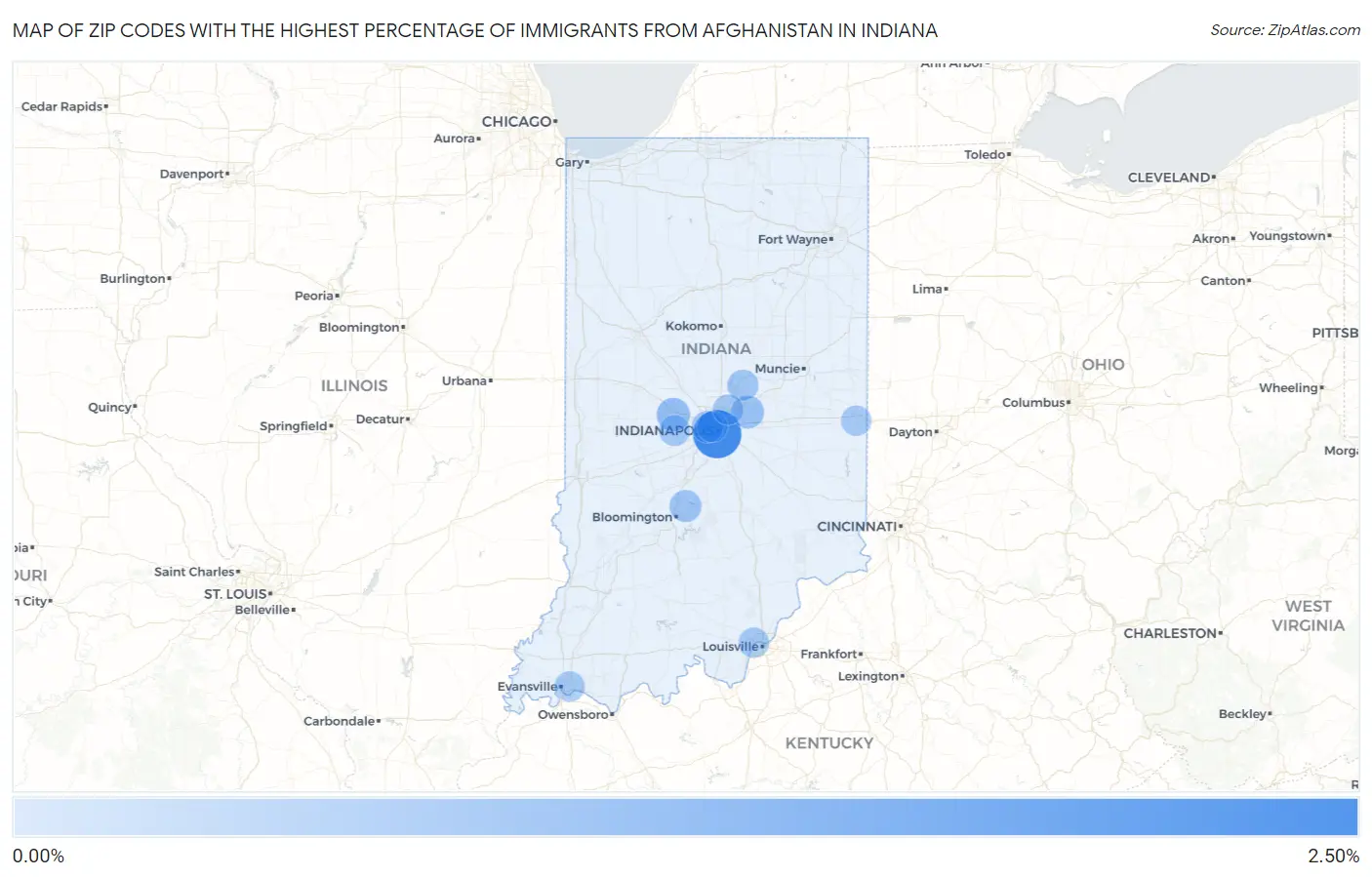 Zip Codes with the Highest Percentage of Immigrants from Afghanistan in Indiana Map