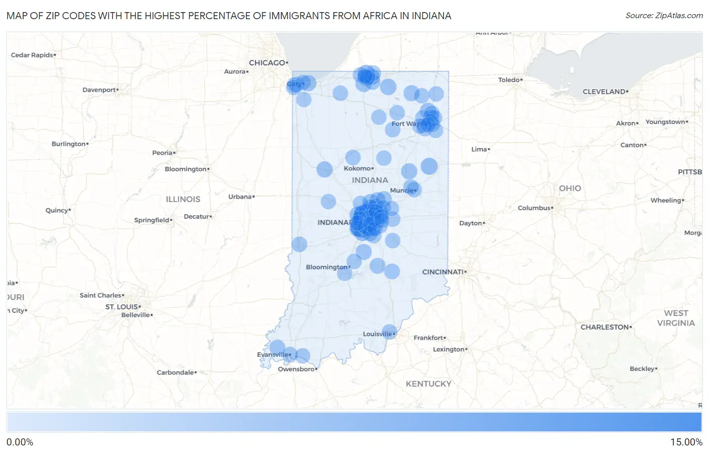 Zip Codes with the Highest Percentage of Immigrants from Africa in Indiana Map