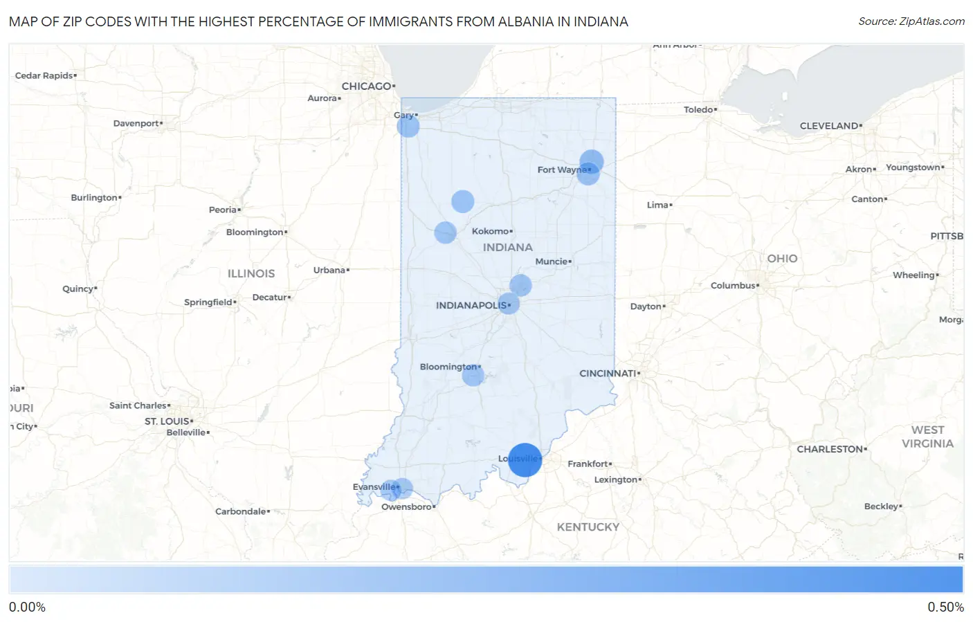 Zip Codes with the Highest Percentage of Immigrants from Albania in Indiana Map