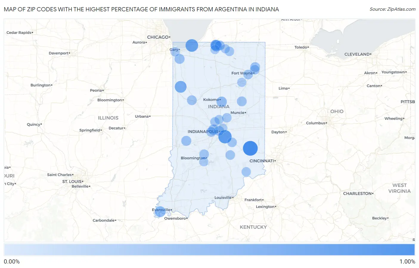 Zip Codes with the Highest Percentage of Immigrants from Argentina in Indiana Map