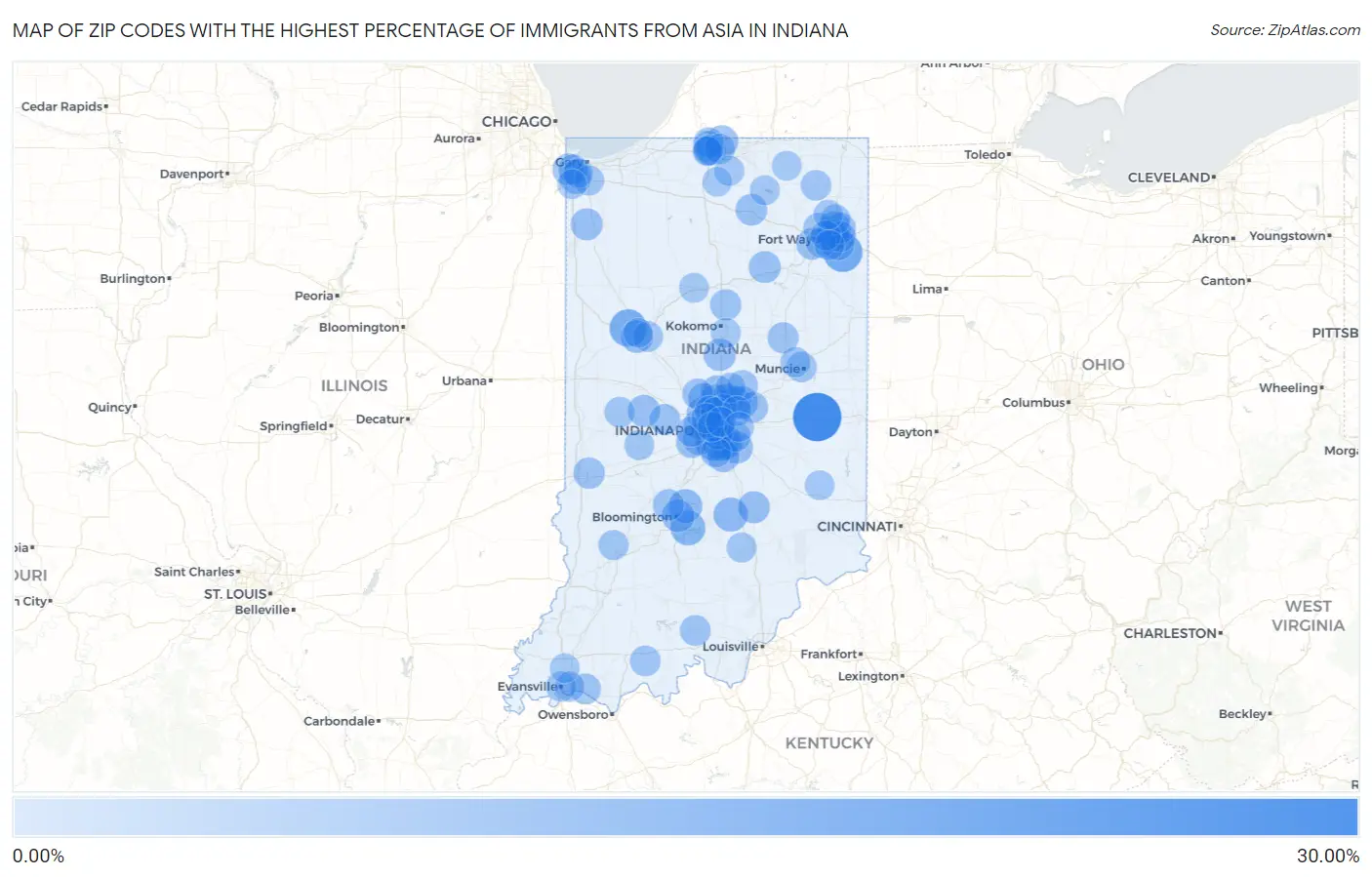 Zip Codes with the Highest Percentage of Immigrants from Asia in Indiana Map