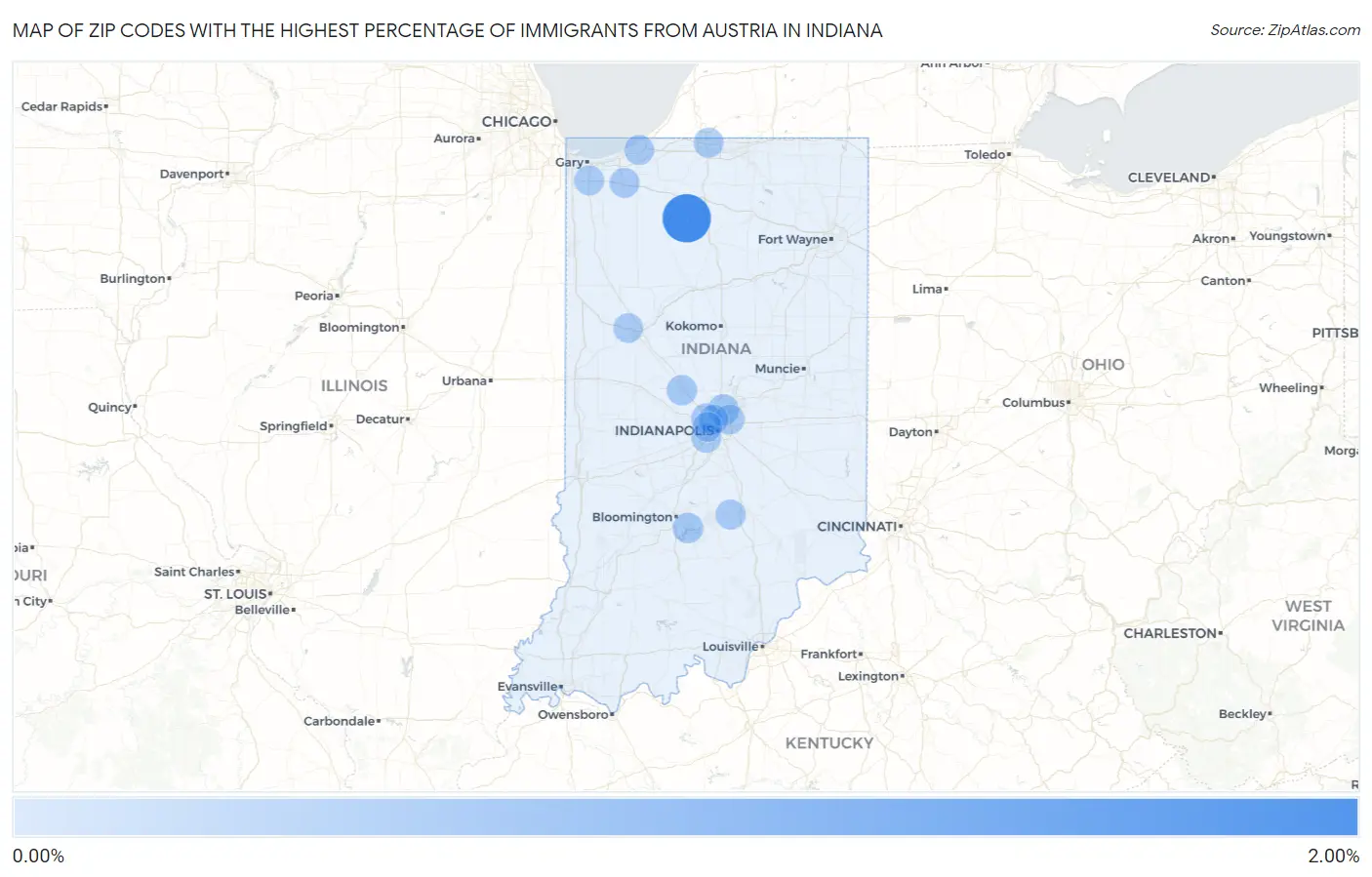 Zip Codes with the Highest Percentage of Immigrants from Austria in Indiana Map