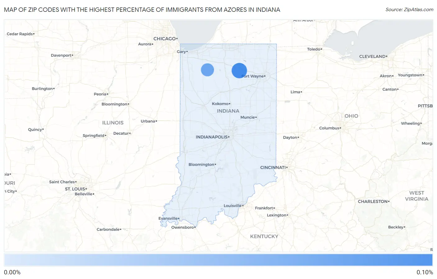 Zip Codes with the Highest Percentage of Immigrants from Azores in Indiana Map
