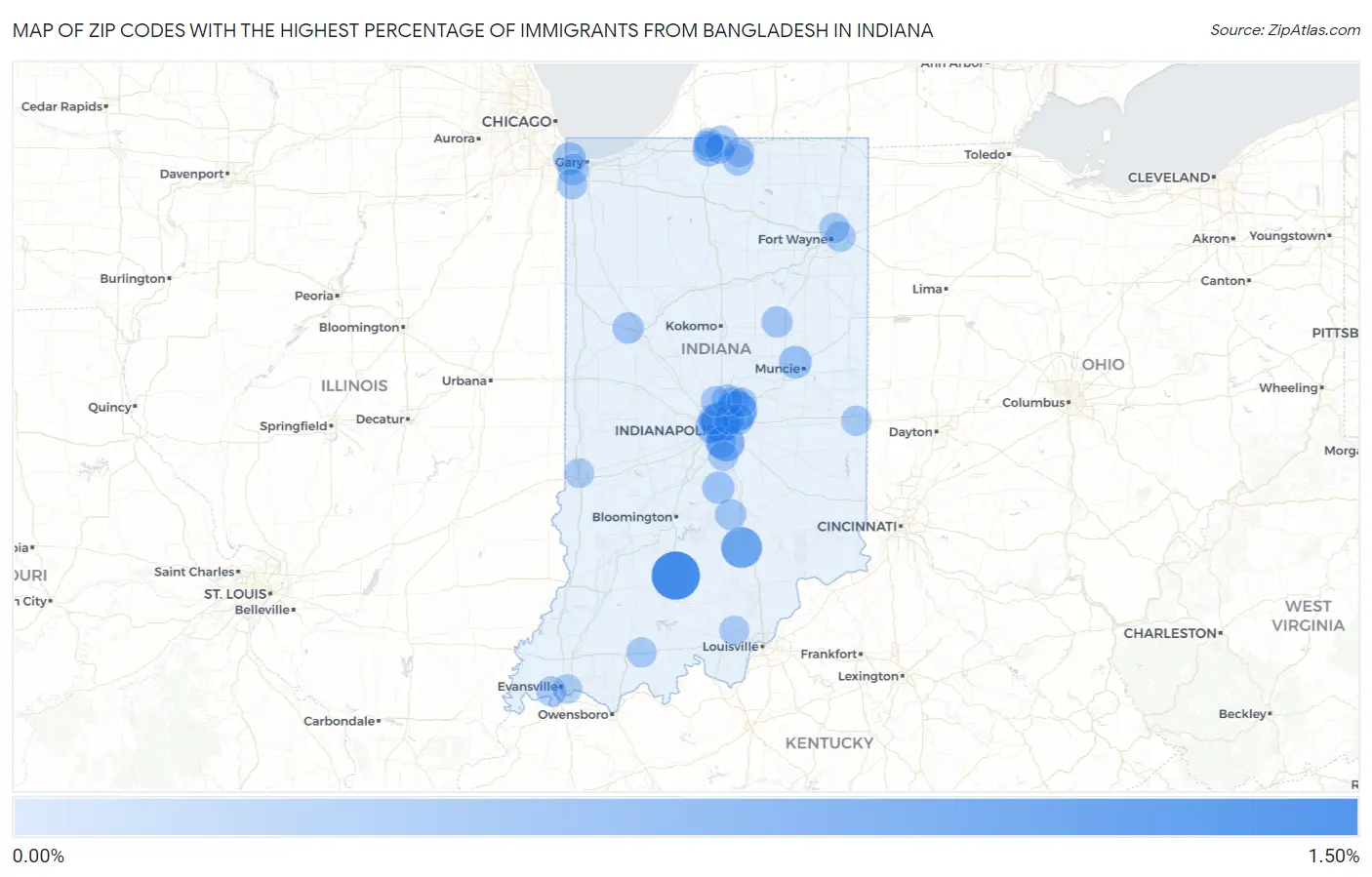 Zip Codes with the Highest Percentage of Immigrants from Bangladesh in Indiana Map