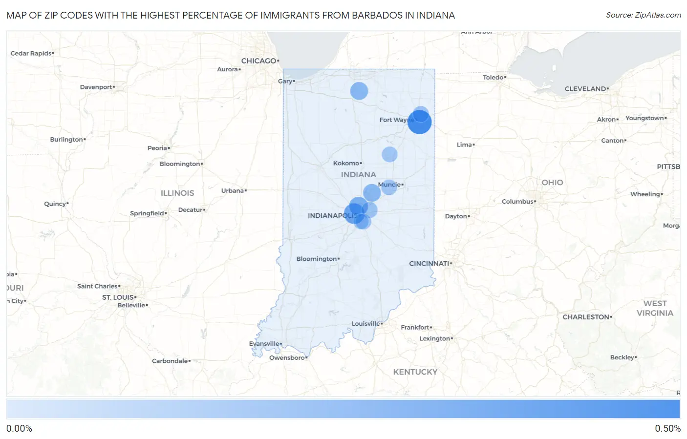 Zip Codes with the Highest Percentage of Immigrants from Barbados in Indiana Map