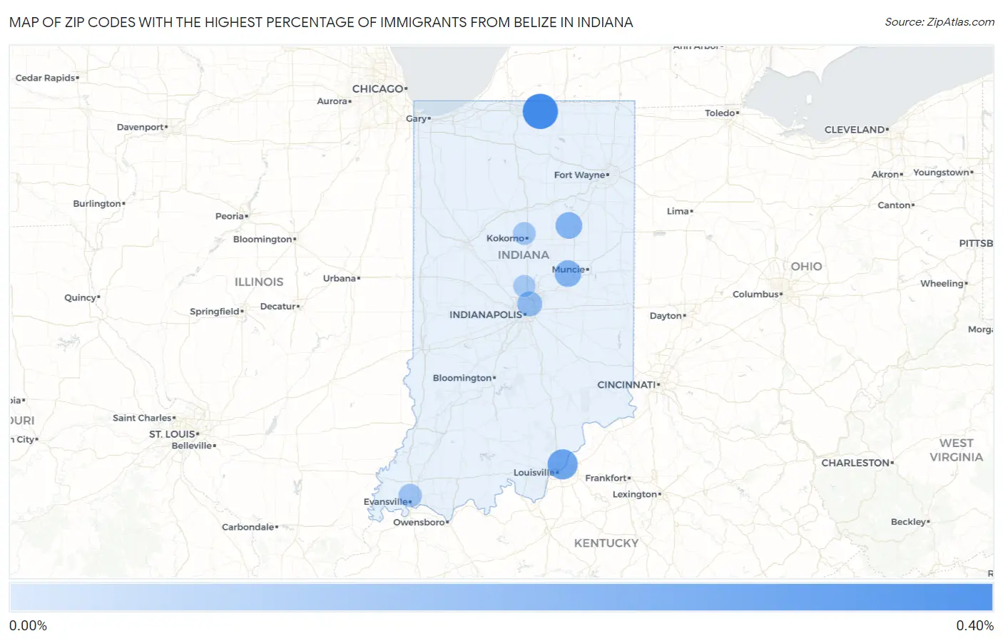 Zip Codes with the Highest Percentage of Immigrants from Belize in Indiana Map