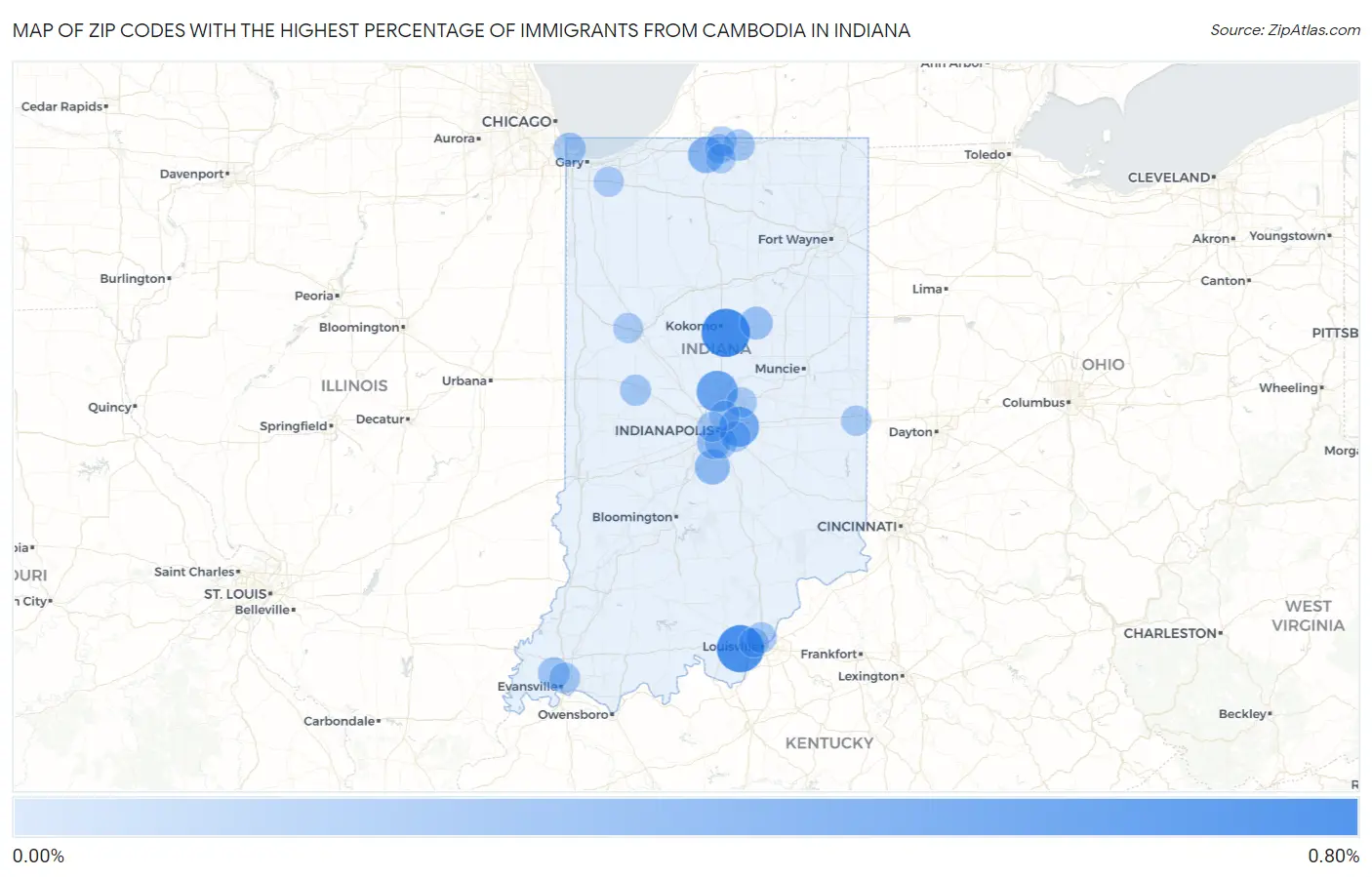 Zip Codes with the Highest Percentage of Immigrants from Cambodia in Indiana Map