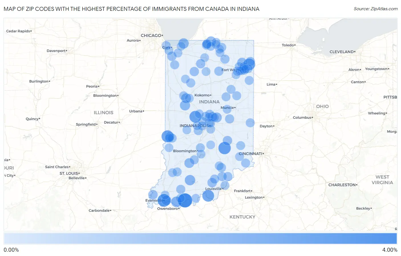 Zip Codes with the Highest Percentage of Immigrants from Canada in Indiana Map