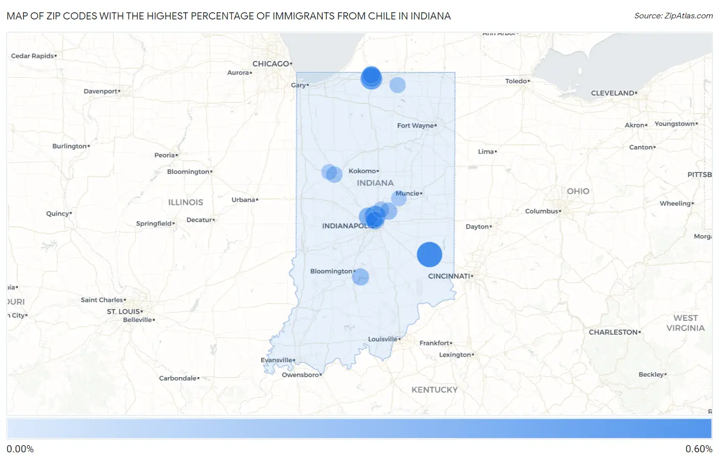 Zip Codes with the Highest Percentage of Immigrants from Chile in Indiana Map