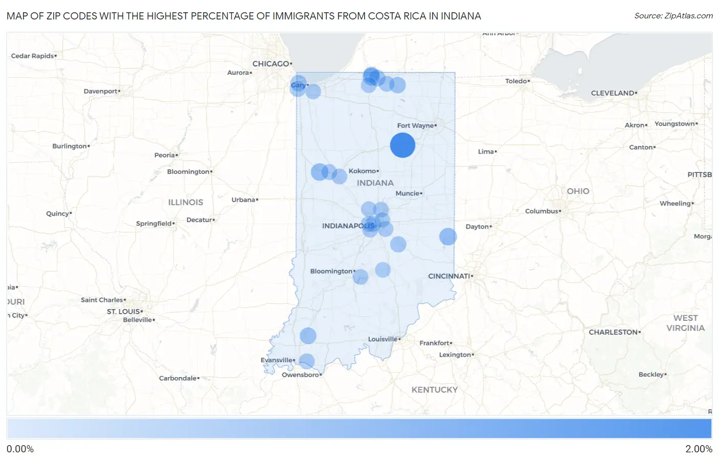 Zip Codes with the Highest Percentage of Immigrants from Costa Rica in Indiana Map