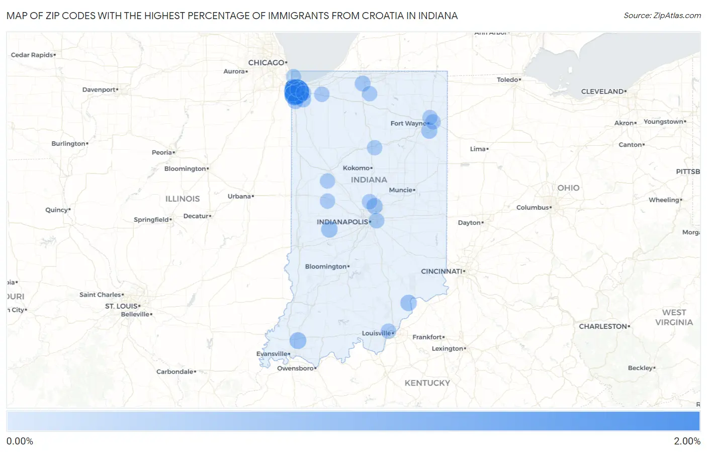 Zip Codes with the Highest Percentage of Immigrants from Croatia in Indiana Map