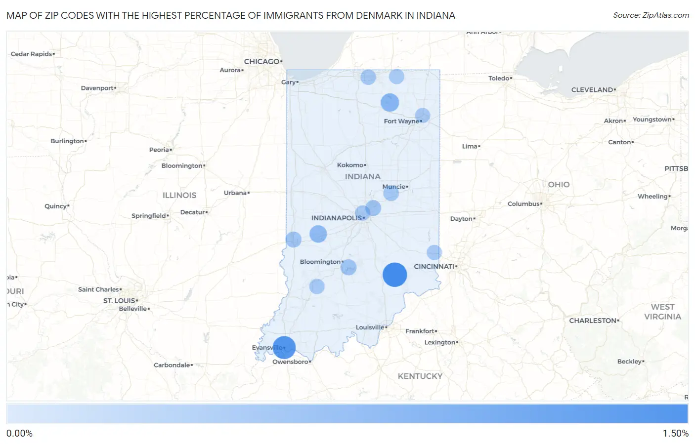 Zip Codes with the Highest Percentage of Immigrants from Denmark in Indiana Map