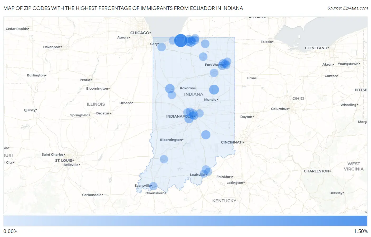 Zip Codes with the Highest Percentage of Immigrants from Ecuador in Indiana Map