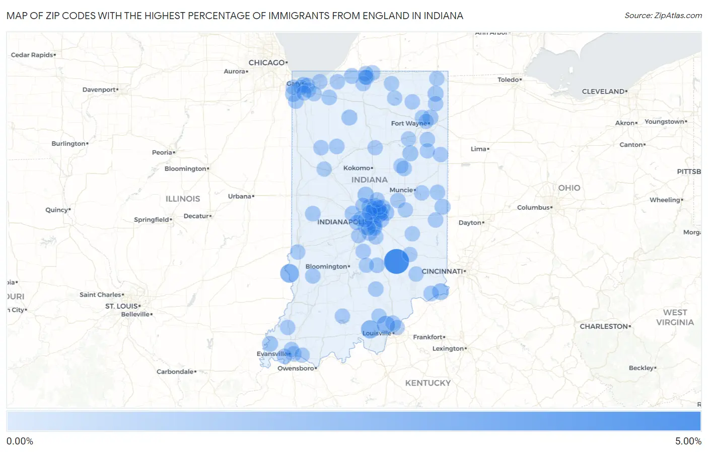 Zip Codes with the Highest Percentage of Immigrants from England in Indiana Map
