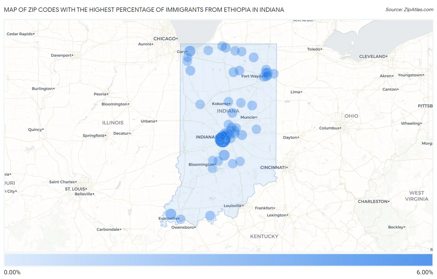 Zip Codes with the Highest Percentage of Immigrants from Ethiopia in Indiana Map