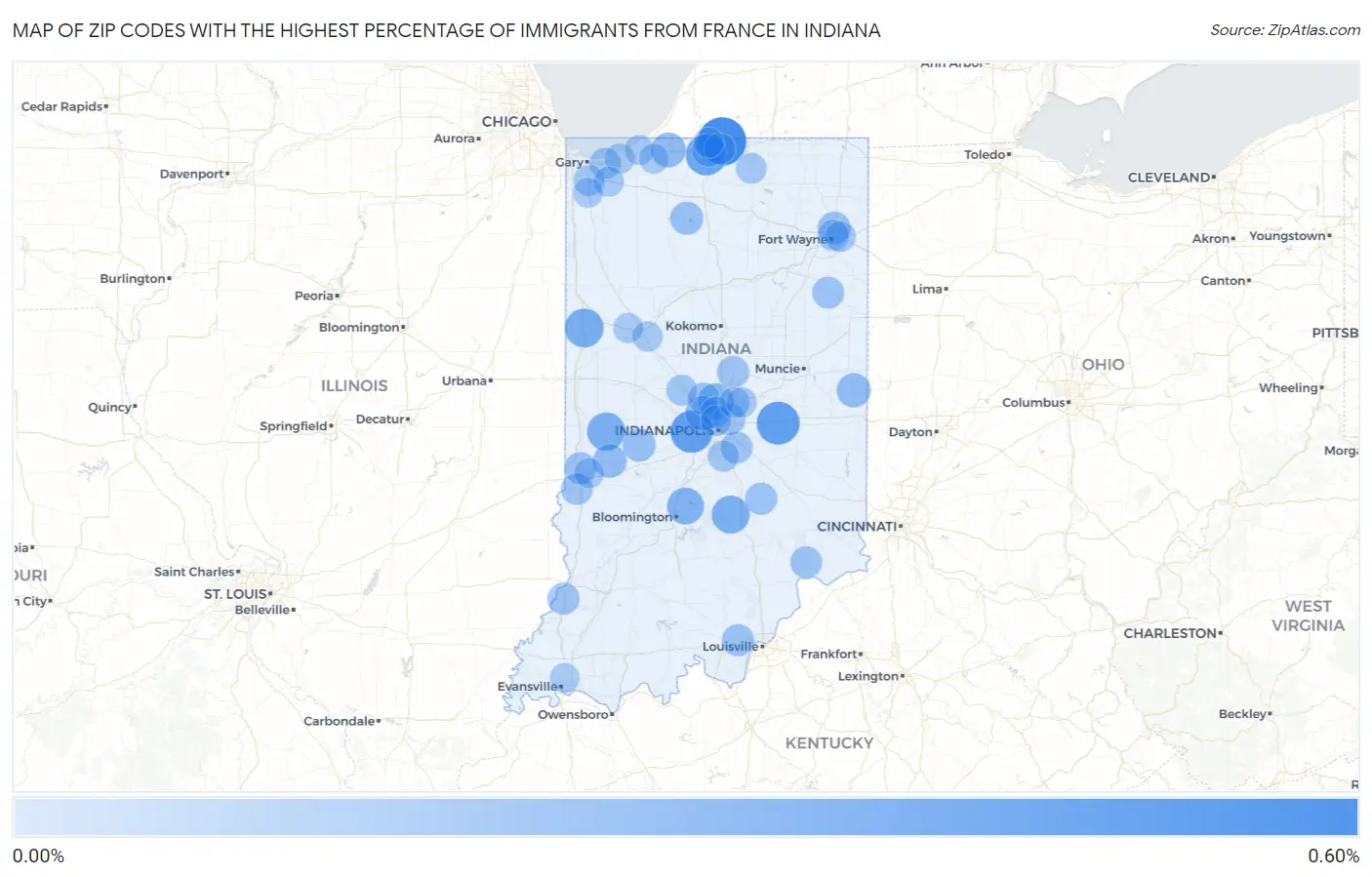 Zip Codes with the Highest Percentage of Immigrants from France in Indiana Map
