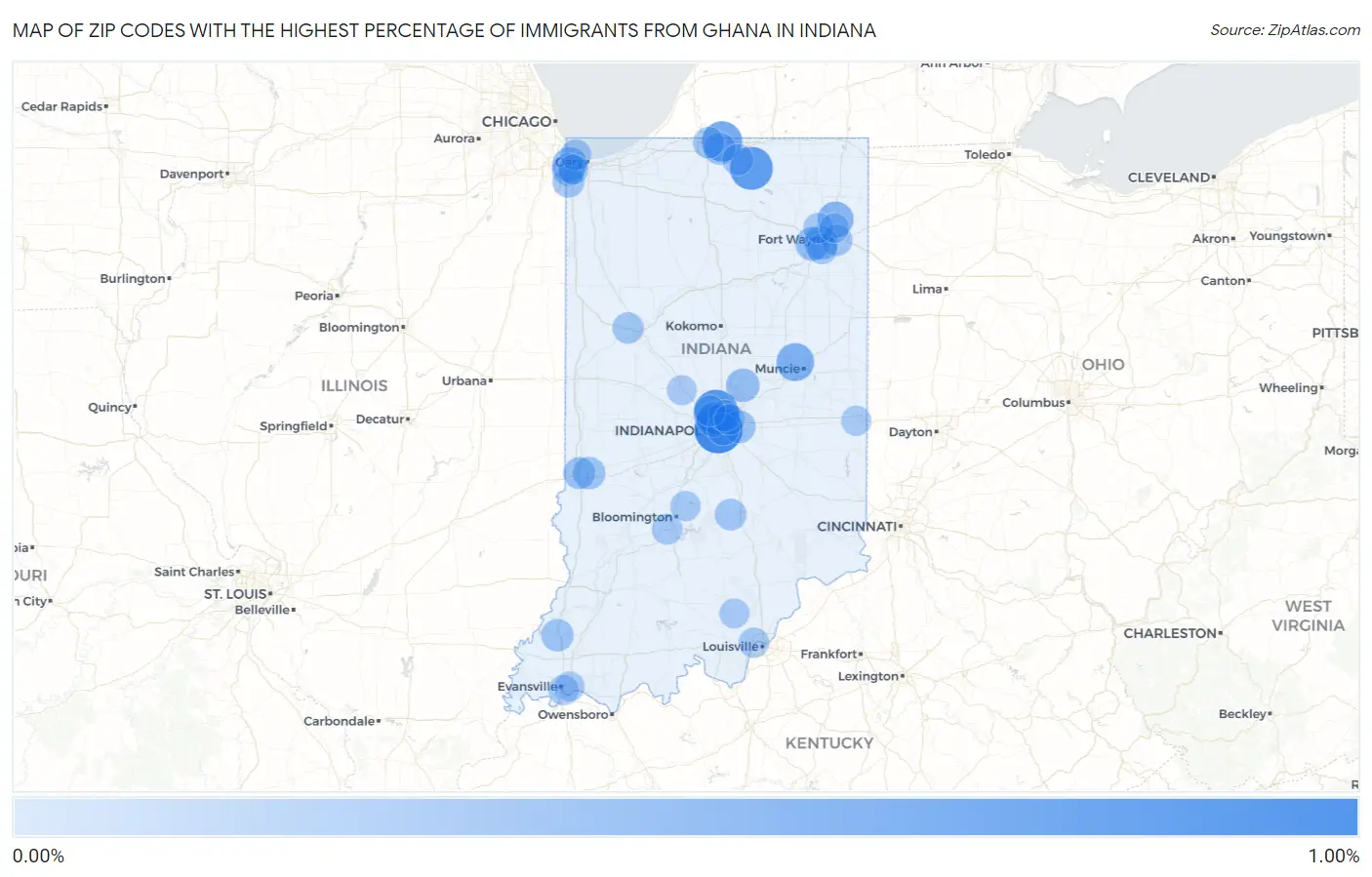 Zip Codes with the Highest Percentage of Immigrants from Ghana in Indiana Map