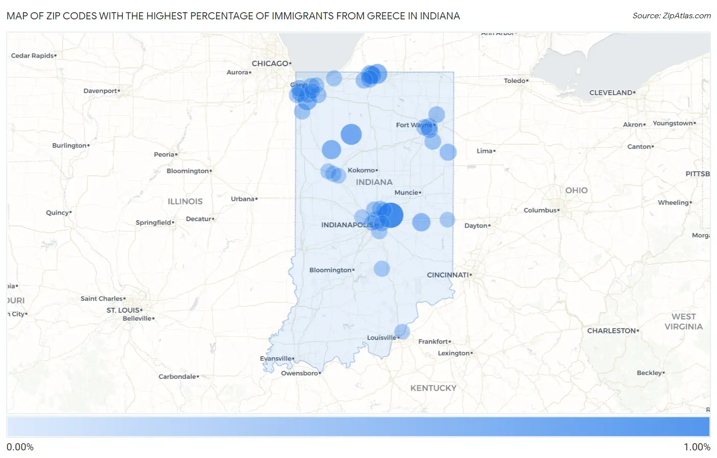 Zip Codes with the Highest Percentage of Immigrants from Greece in Indiana Map