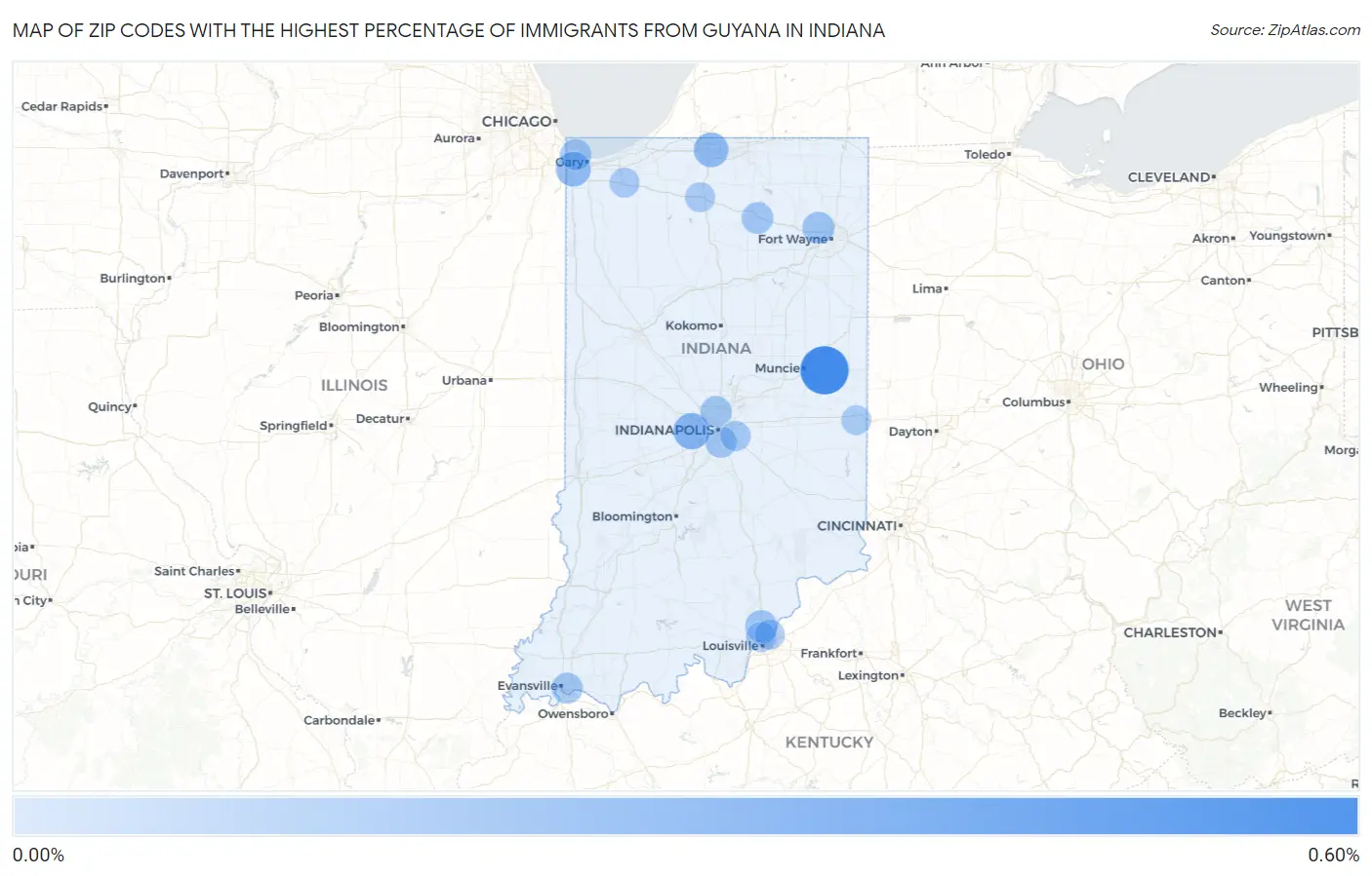 Zip Codes with the Highest Percentage of Immigrants from Guyana in Indiana Map