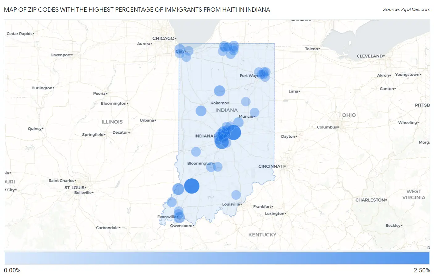 Zip Codes with the Highest Percentage of Immigrants from Haiti in Indiana Map