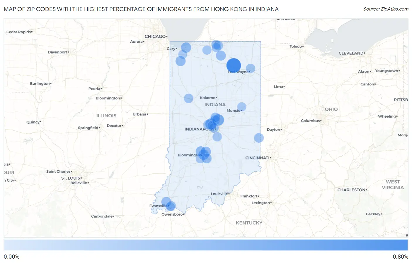 Zip Codes with the Highest Percentage of Immigrants from Hong Kong in Indiana Map