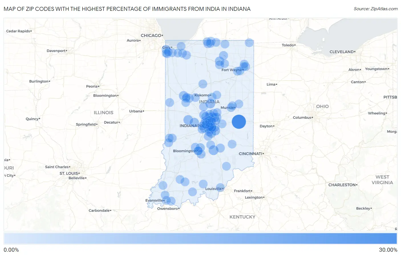 Zip Codes with the Highest Percentage of Immigrants from India in Indiana Map
