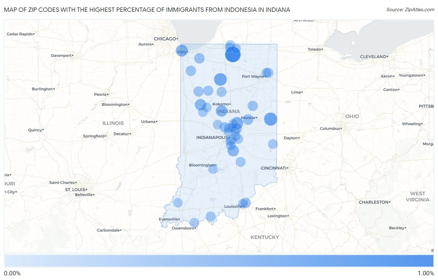 Zip Codes with the Highest Percentage of Immigrants from Indonesia in Indiana Map