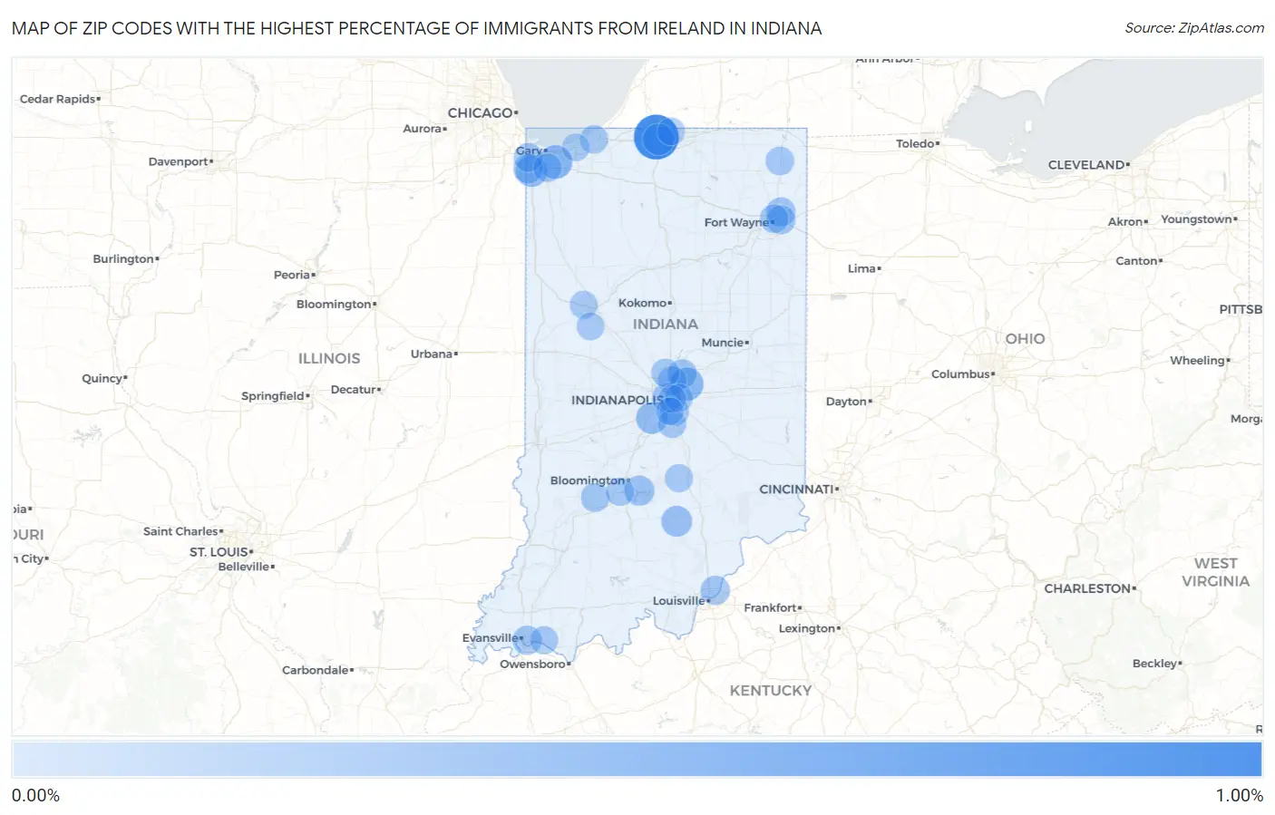 Zip Codes with the Highest Percentage of Immigrants from Ireland in Indiana Map