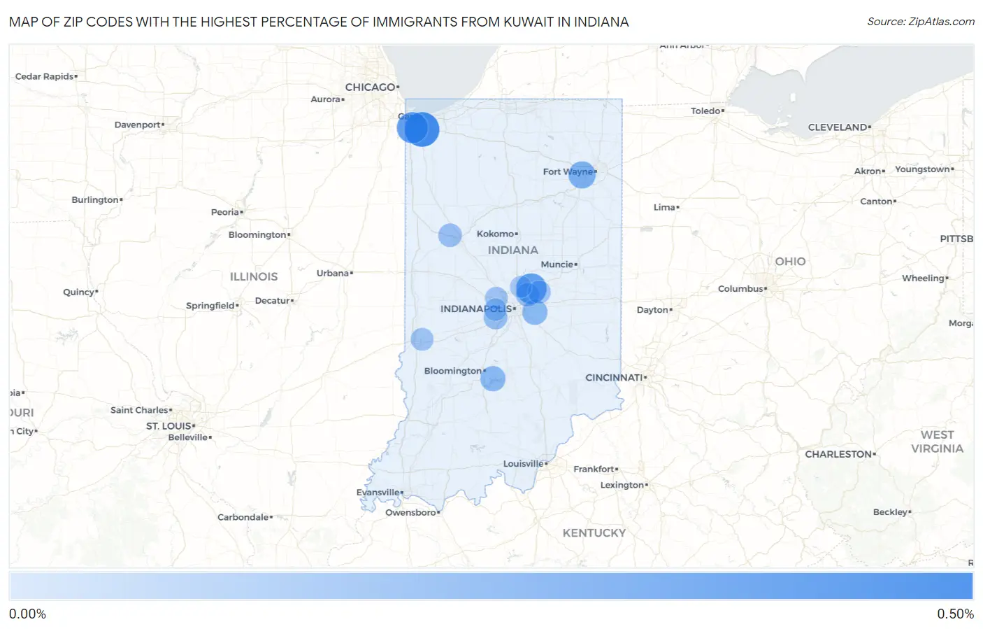 Zip Codes with the Highest Percentage of Immigrants from Kuwait in Indiana Map