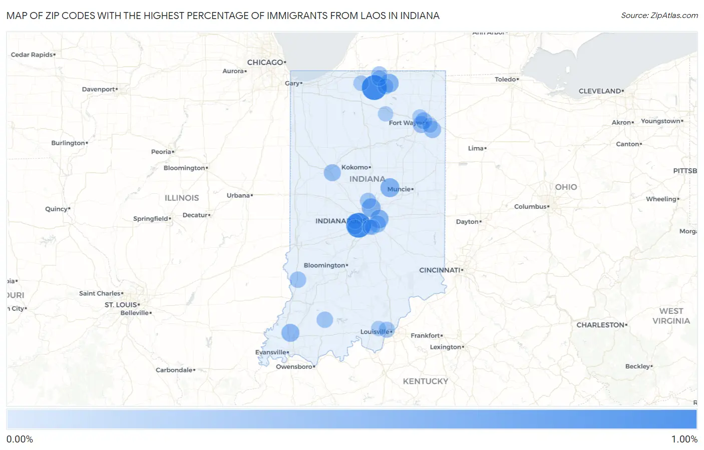 Zip Codes with the Highest Percentage of Immigrants from Laos in Indiana Map