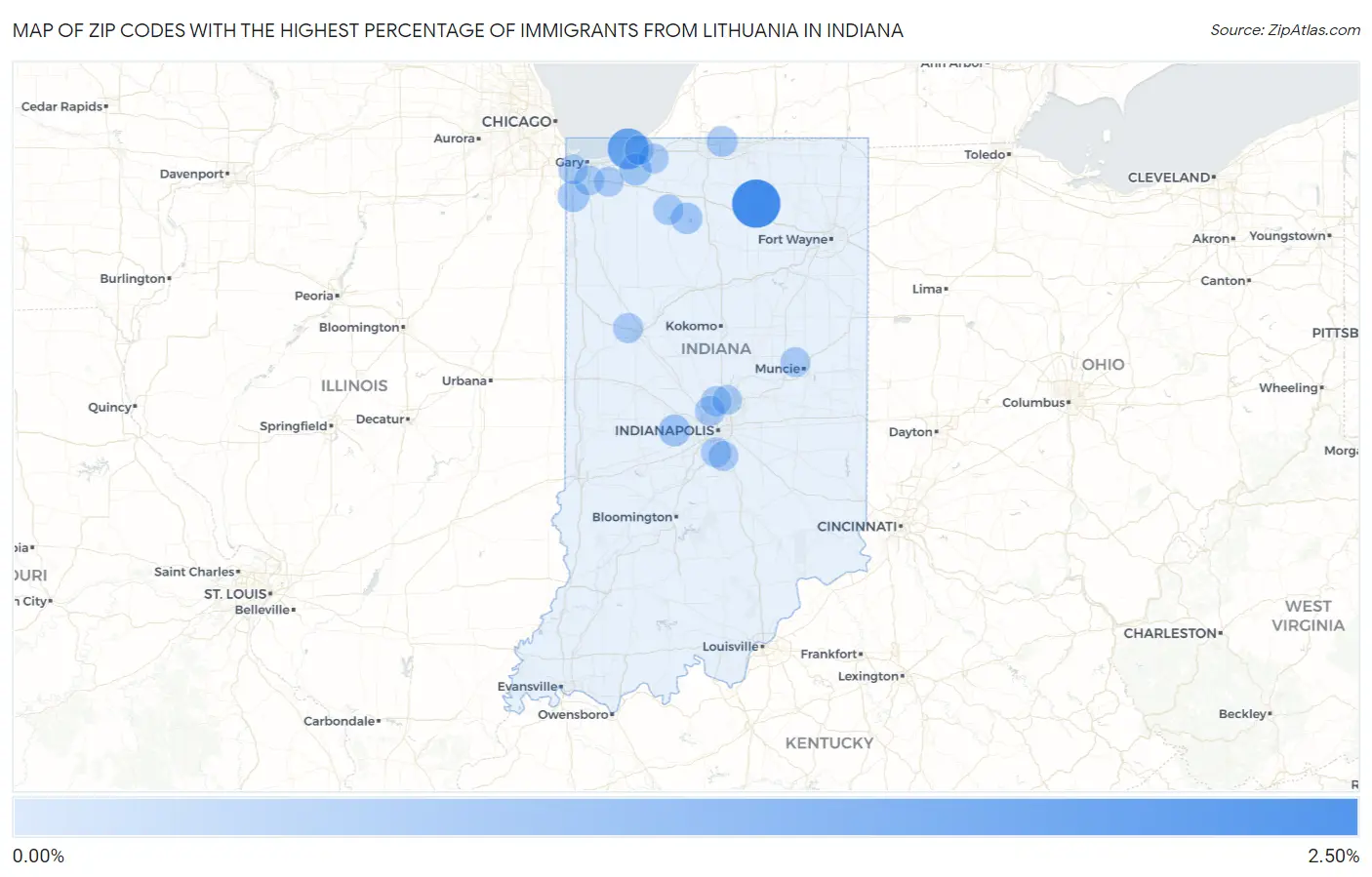 Zip Codes with the Highest Percentage of Immigrants from Lithuania in Indiana Map