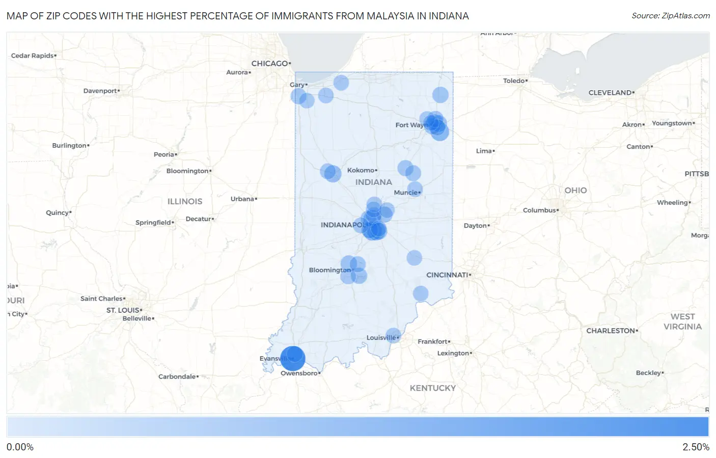 Zip Codes with the Highest Percentage of Immigrants from Malaysia in Indiana Map