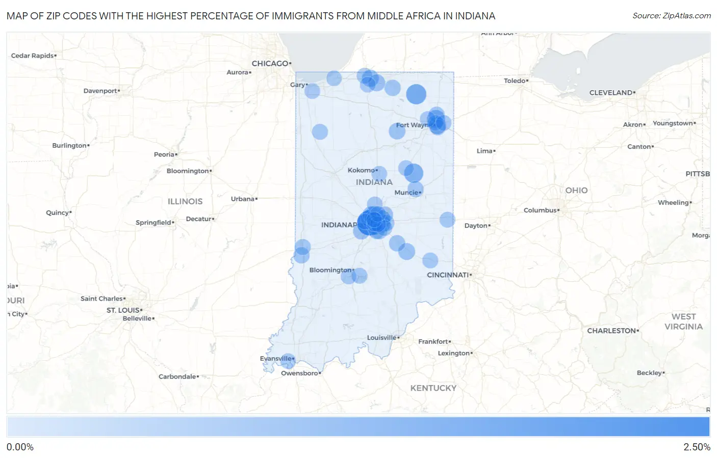 Zip Codes with the Highest Percentage of Immigrants from Middle Africa in Indiana Map