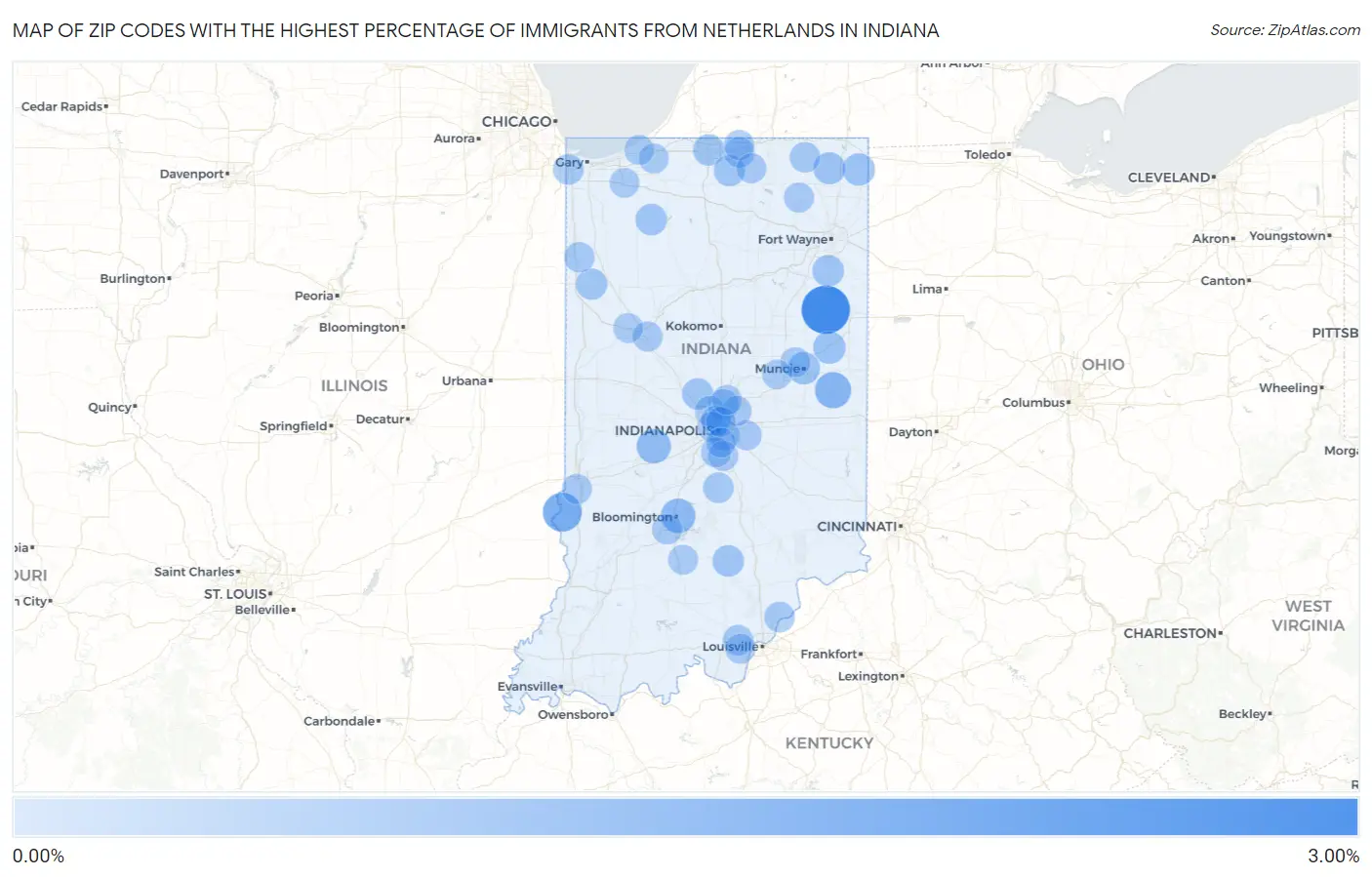 Zip Codes with the Highest Percentage of Immigrants from Netherlands in Indiana Map