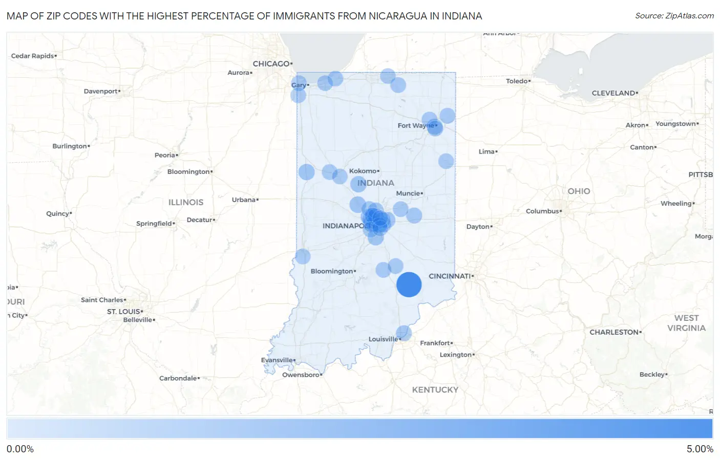 Zip Codes with the Highest Percentage of Immigrants from Nicaragua in Indiana Map