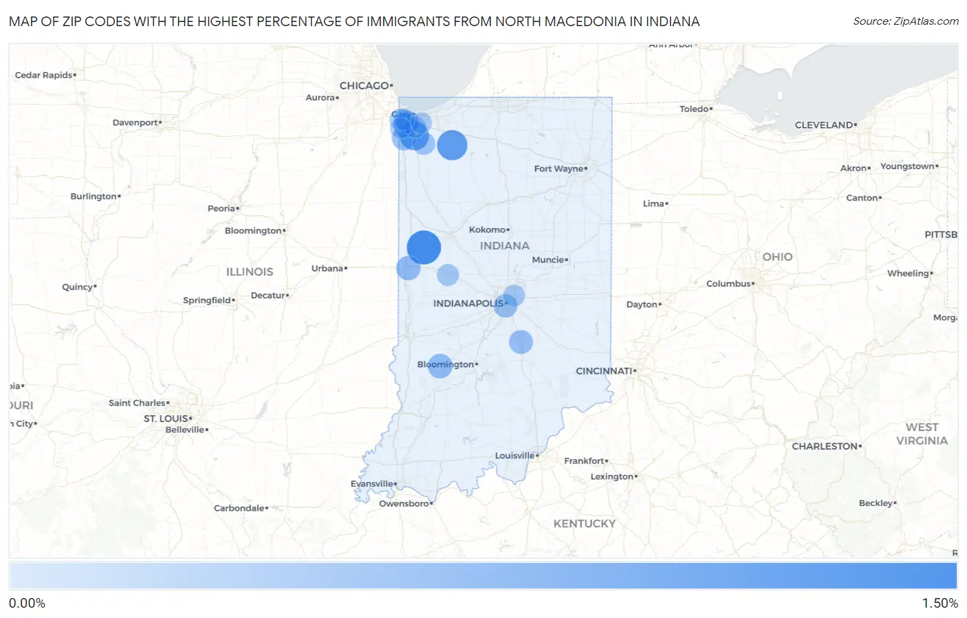 Zip Codes with the Highest Percentage of Immigrants from North Macedonia in Indiana Map