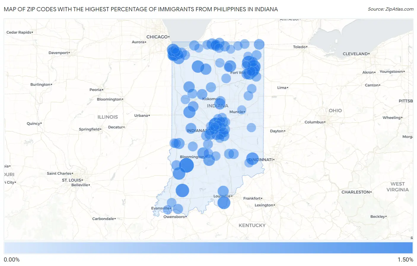 Zip Codes with the Highest Percentage of Immigrants from Philippines in Indiana Map