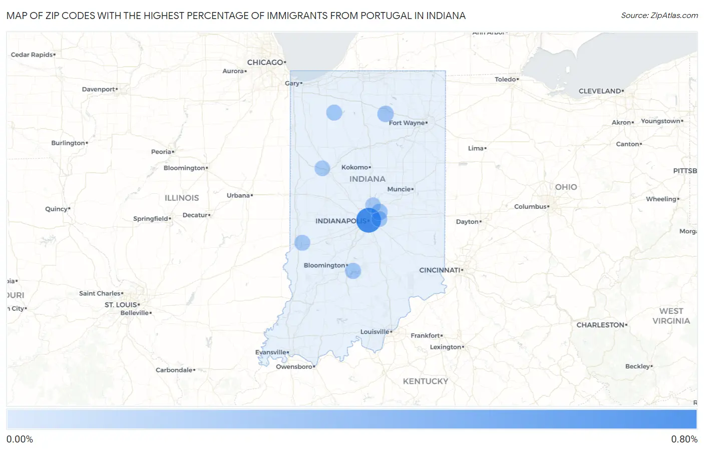 Zip Codes with the Highest Percentage of Immigrants from Portugal in Indiana Map
