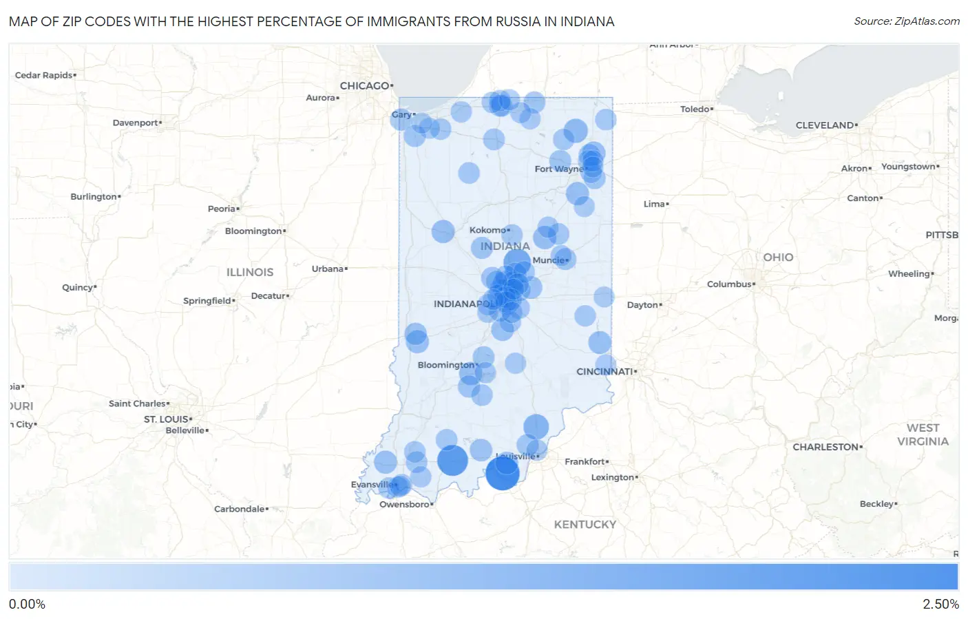 Zip Codes with the Highest Percentage of Immigrants from Russia in Indiana Map