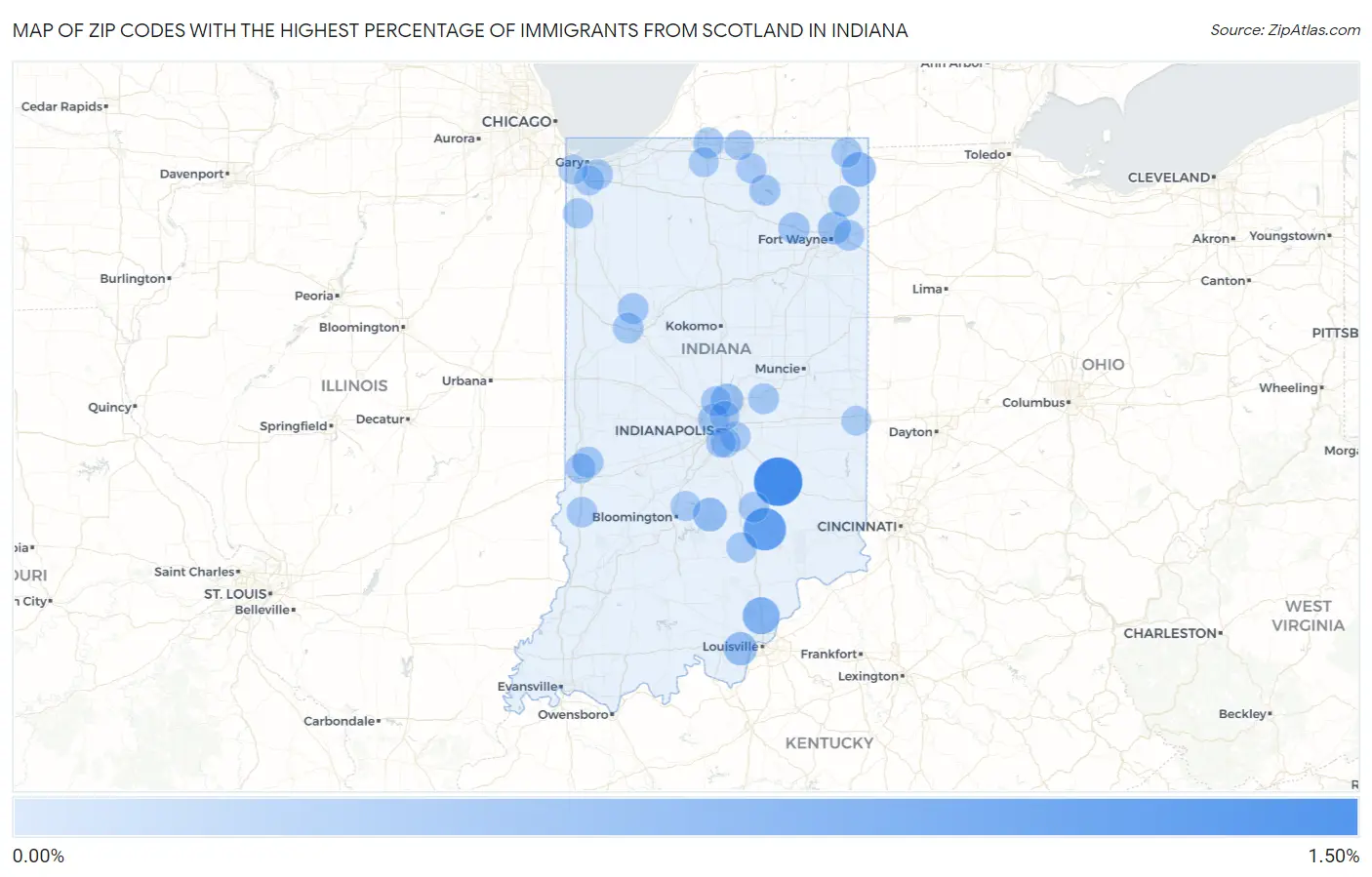 Zip Codes with the Highest Percentage of Immigrants from Scotland in Indiana Map
